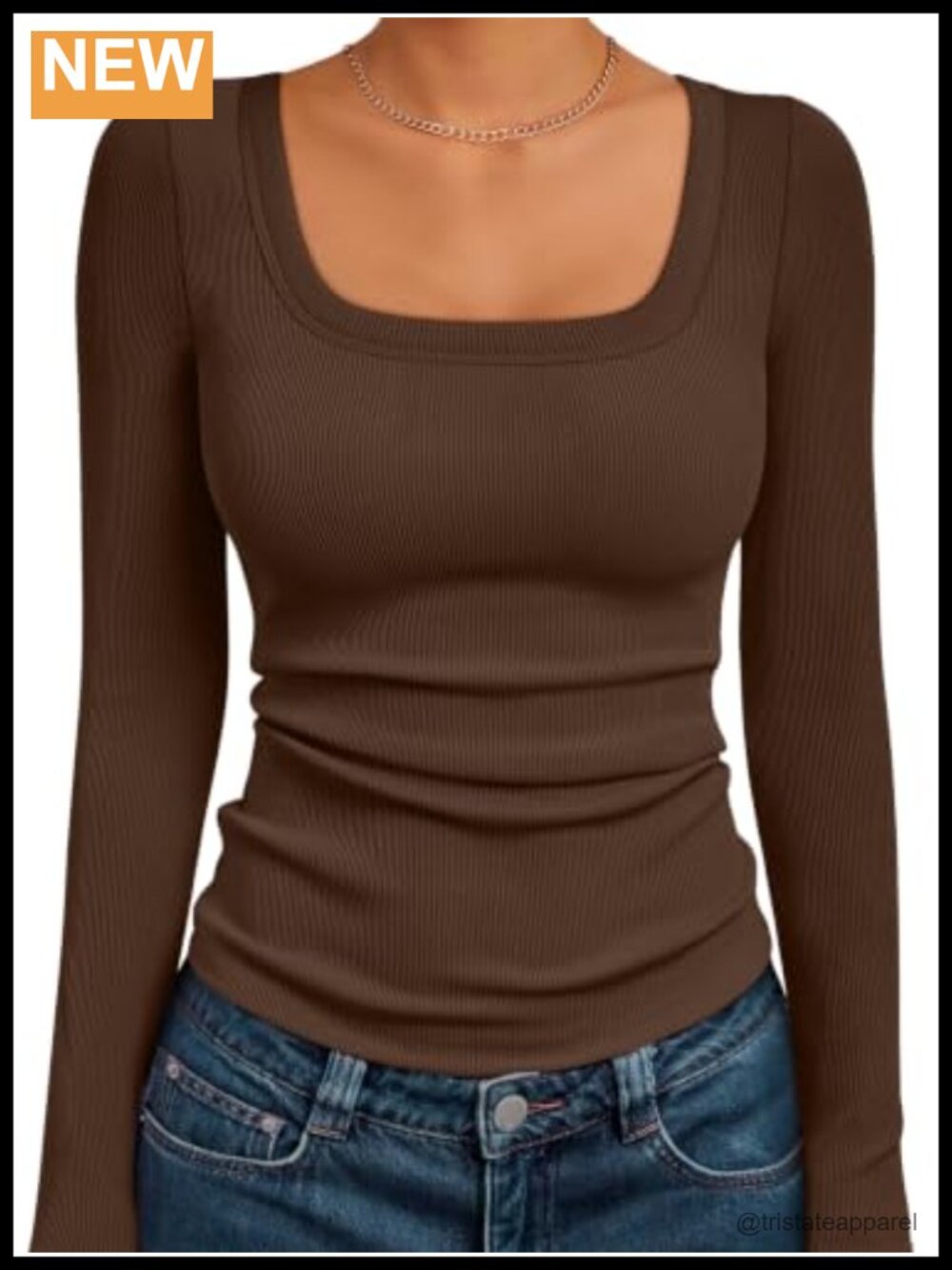 Square Neck Ribbed Long Sleeve Slim Fit Top Fall Basic
